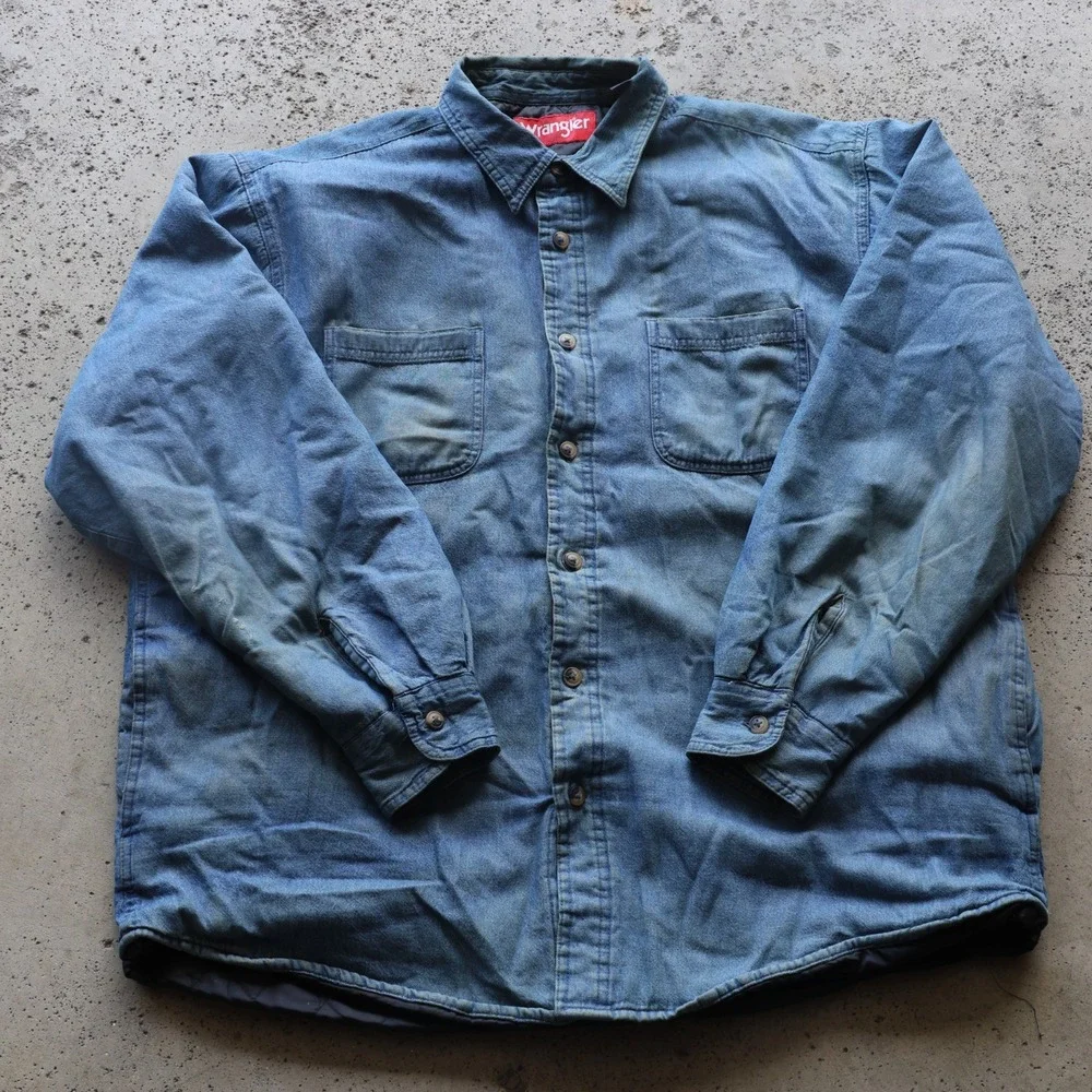 Vintage Wrangler Mens XL Quilted Lined Denim Shirt Jacket Faded Blue Workwear